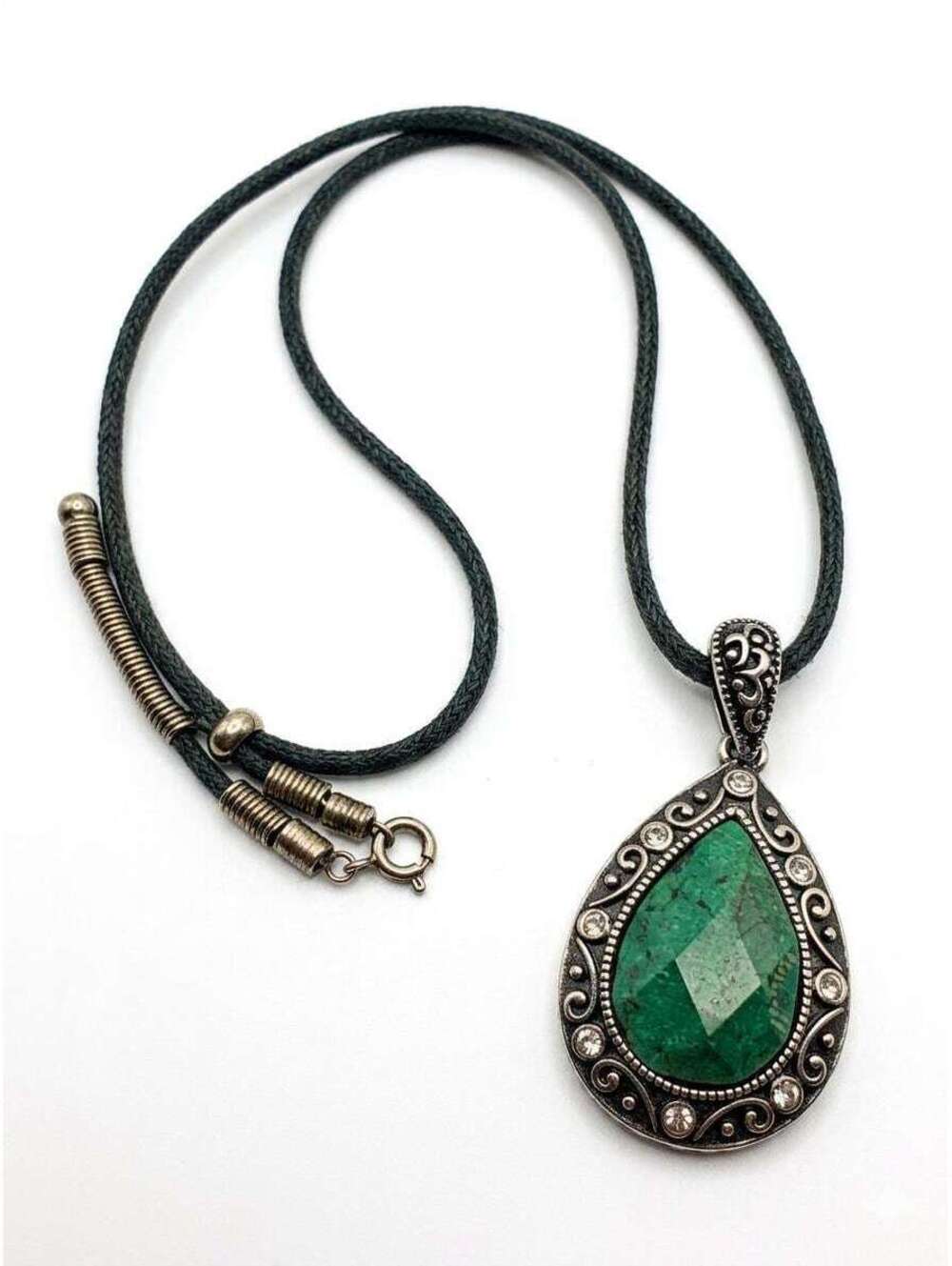 Emerald Green Stone Pendant, Vintage Silver Filigree Tear Drop Necklace, Boho